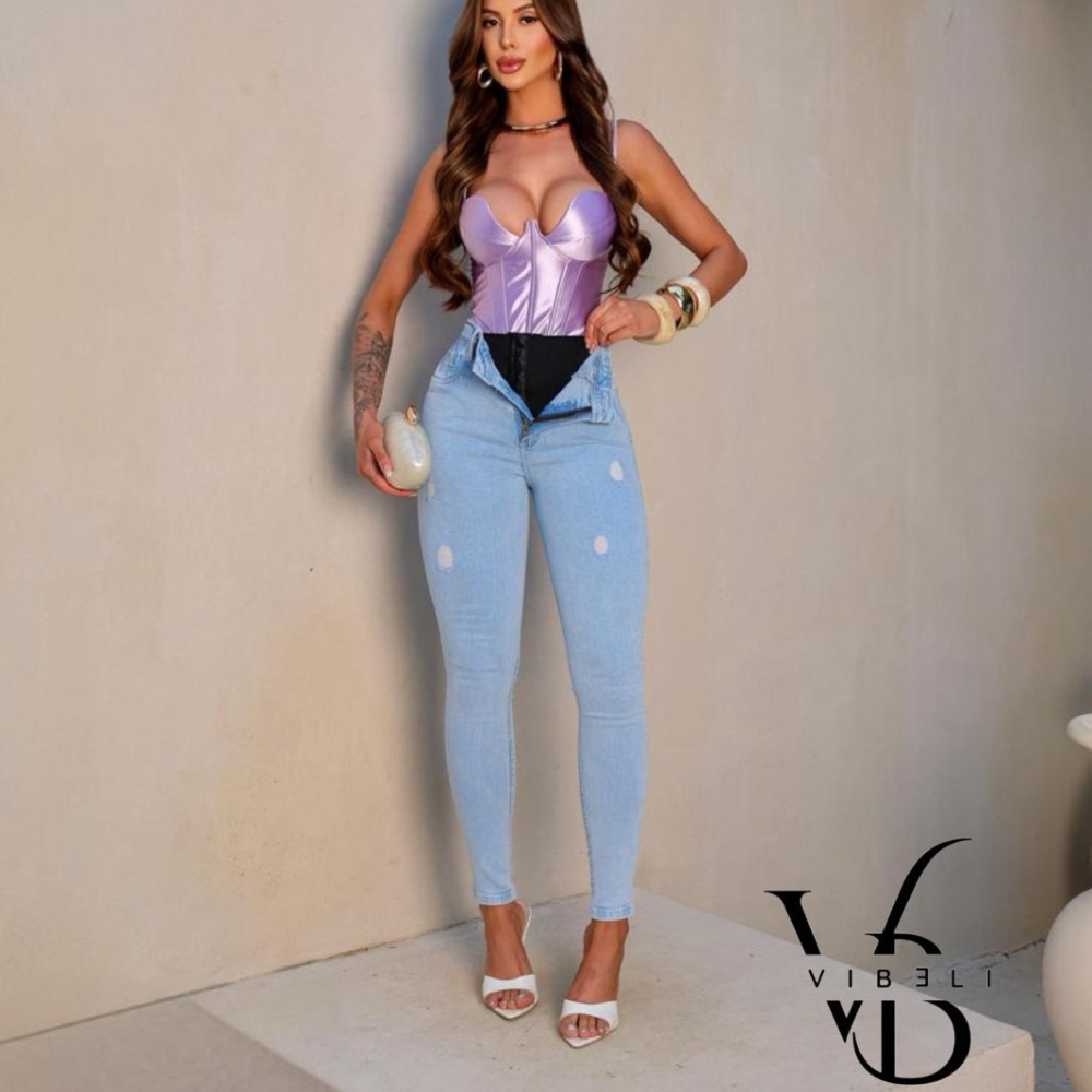 Jeans Brasileño con Faja Interior (AZUL CLARO RASGADO)