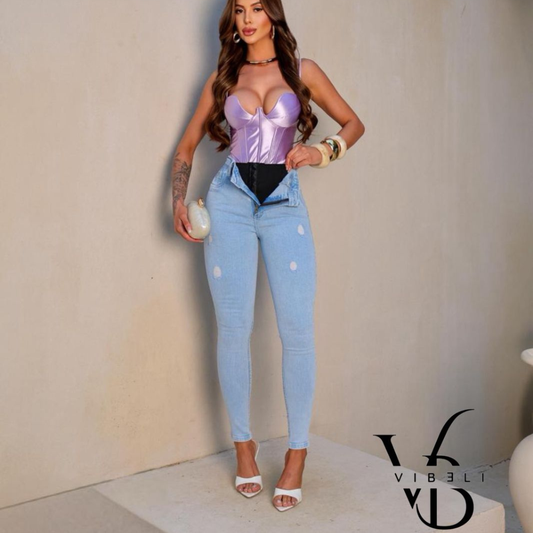 Jeans Brasileño con Faja Interior (AZUL CLARO RASGADO)