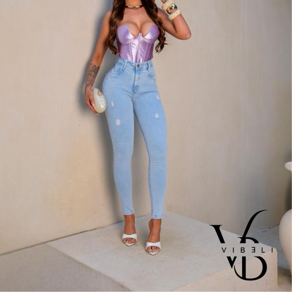 Jeans Brasileño con Faja Interior (AZUL CLARO RASGADO)