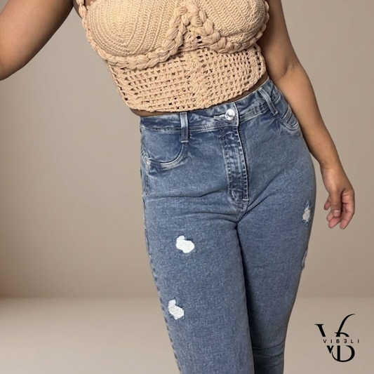 Jeans Brasileño con Faja Interior (AZUL JASPEADO RASGADO)