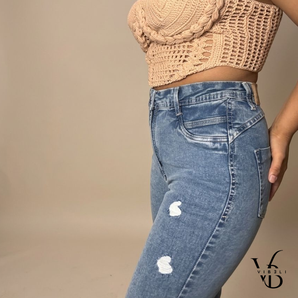 Jeans Brasileño con Faja Interior (AZUL JASPEADO RASGADO)