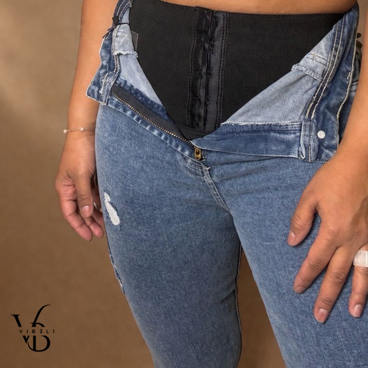 Jeans Brasileño con Faja Interior (AZUL JASPEADO RASGADO)