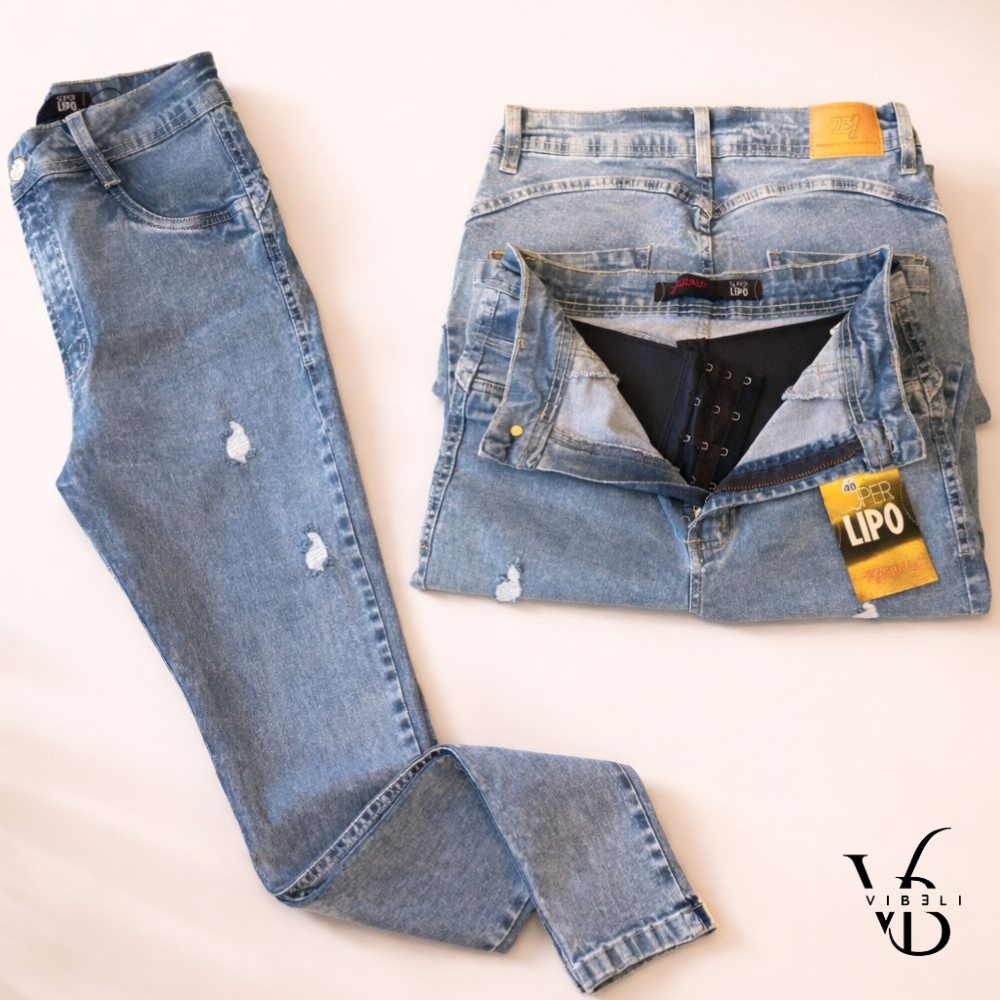 Jeans Brasileño con Faja Interior (AZUL JASPEADO RASGADO)