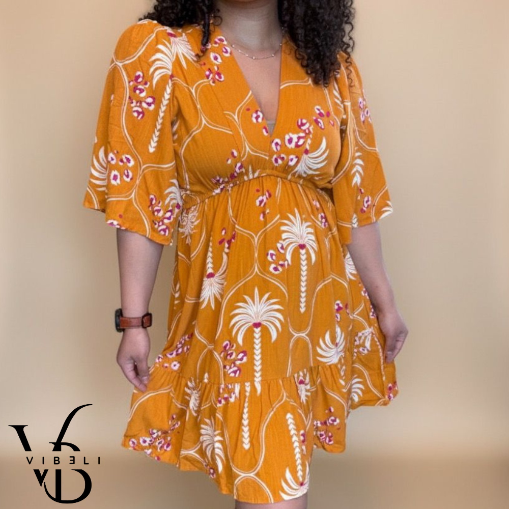 Vestido Estampado Tropical (MOSTAZA)