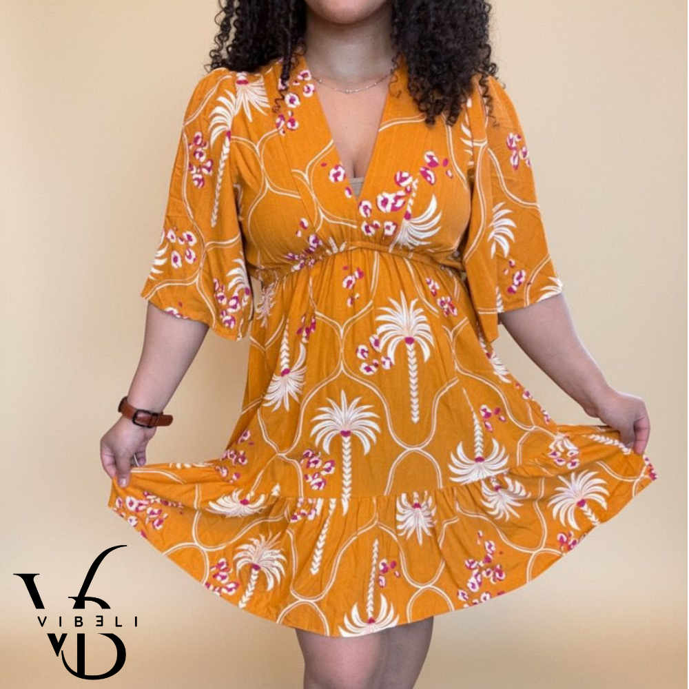 Vestido Estampado Tropical (MOSTAZA)