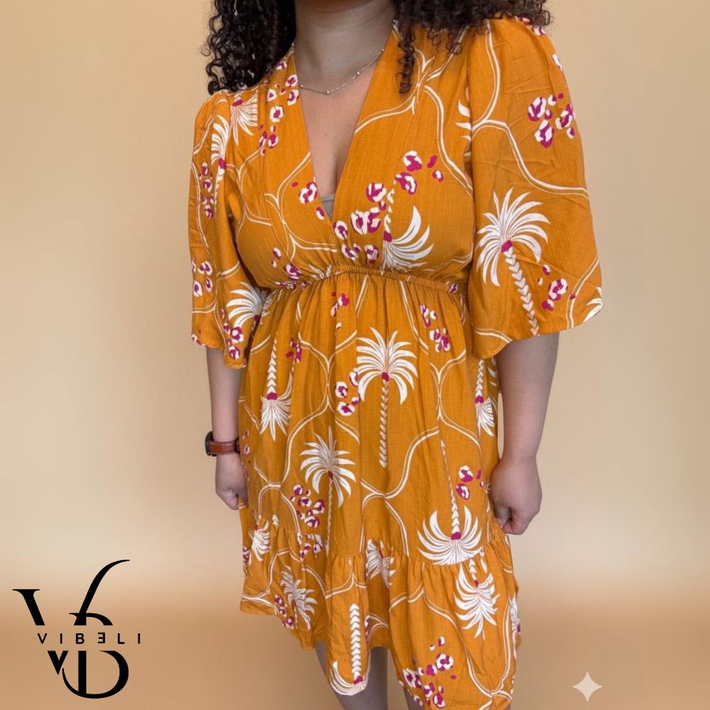 Vestido Estampado Tropical (MOSTAZA)
