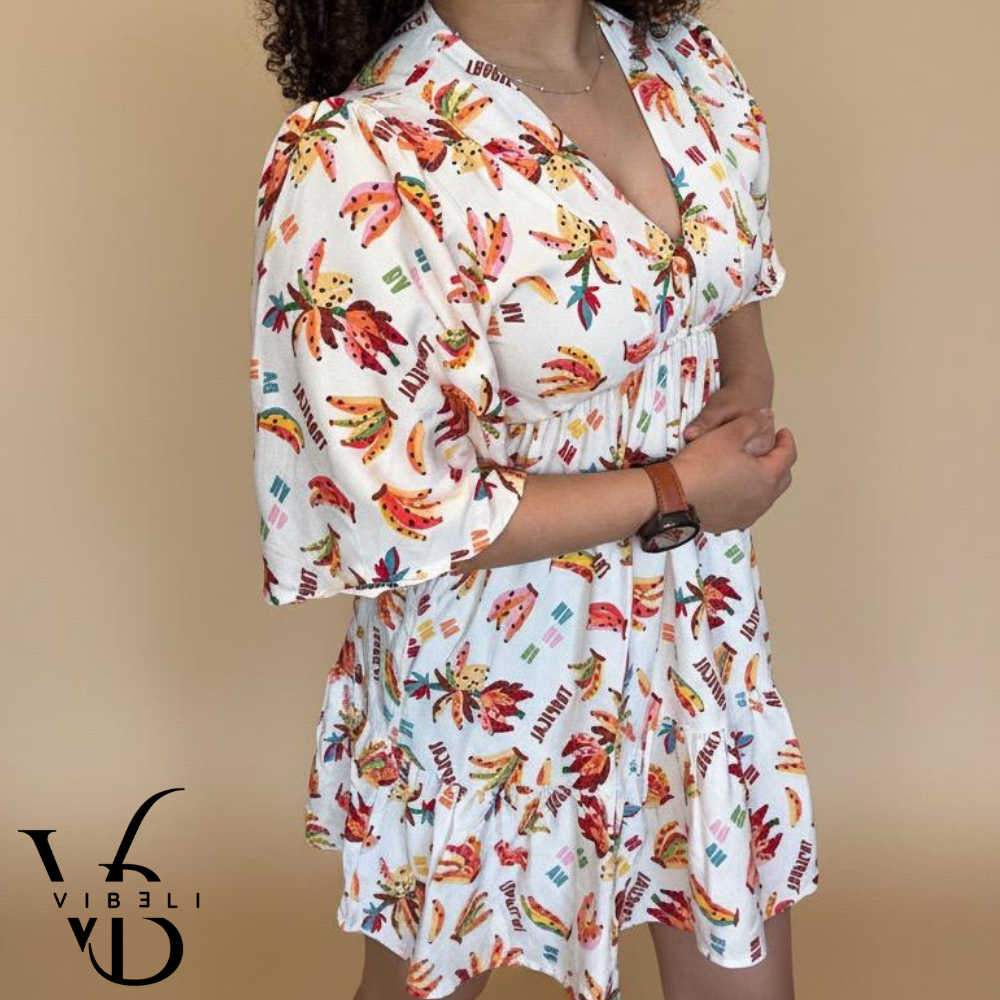 Vestido Estampado Tropial (CREMA)