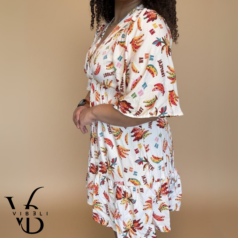 Vestido Estampado Tropial (CREMA)